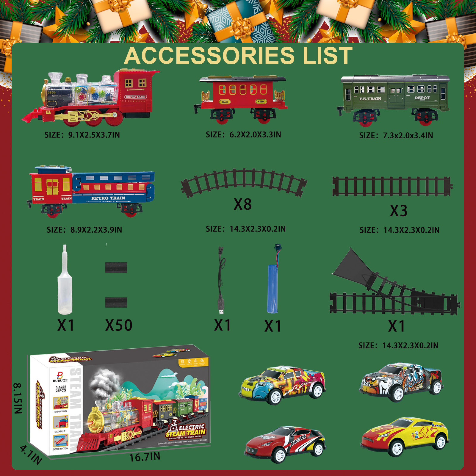 BUBUQE Electric Train Set Christmas Train Toys for Boys with Smokes, Lights and Sound (on/off) Under Christmas Tree for Kids Girls