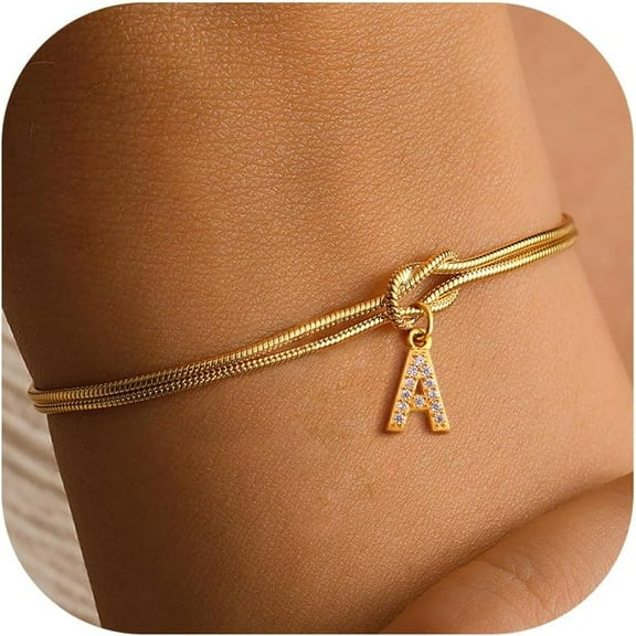 Gold Initial Bracelets for Women, Knot Bracelet 18K Gold Plated CZ Letter A-Z Initial Bracelet Herringbone Bracelet Dainty Gold Bracelet Adjustable Bracelets for Women Gold Jewelry for Women Gift
