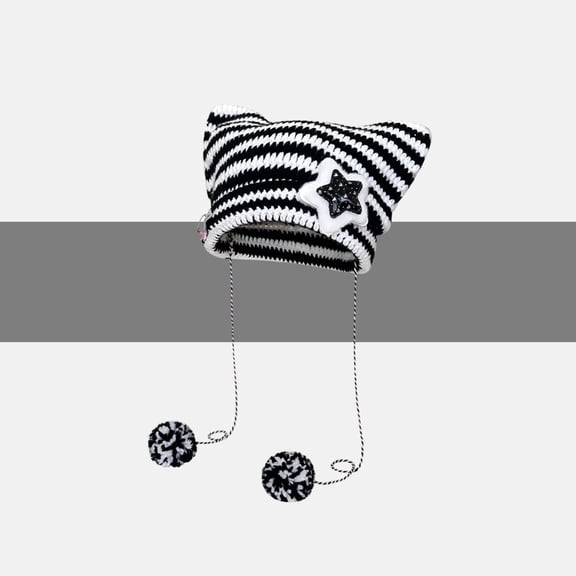 Women Winter Cat Ear Knitted Hat Cute Striped Beanie Warm Soft Pullover Cap