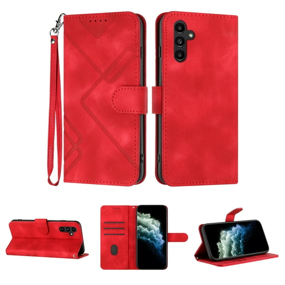 Feishell for Samsung Galaxy A14 5G Phone Case with Wrist Strap,Premium PU Leather Magnetic Clasp Flip Kickstand Credit Card Slots Holder Wallet Shockproof Protection Slim Phone Case,Red