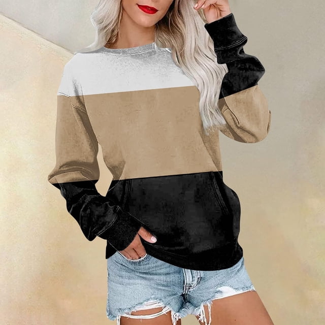 Meichang Chandails en Molleton Légers pour Femmes Col Rond Manches Longues Chandail Décontracté Tendance à Blocs de Couleur Automne avec Poches