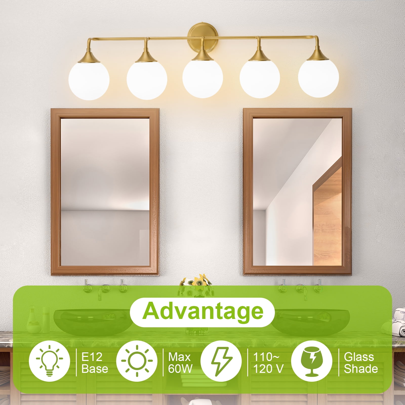 Deyidn 5-Light Gold Modern Vanity Light, 39 Inch Dimmable Bathroom Light Fixture with Opal Glass Globes for Mirror