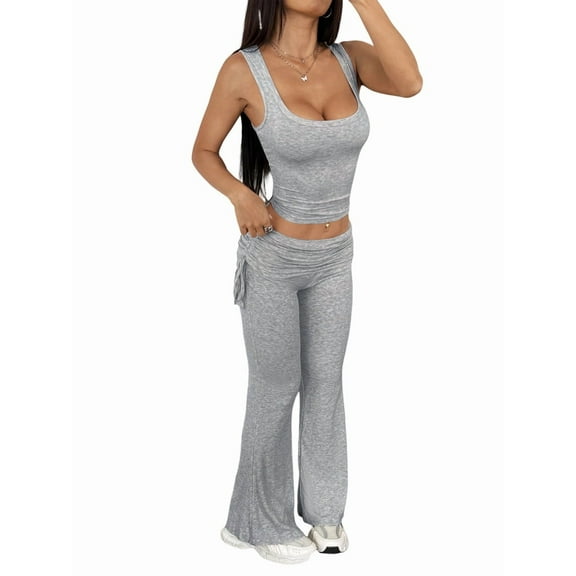 Women'S Fitness Suit Two-Piece Vest with Wide-Leg Leggings Suit Hot Girl Dark Gray L