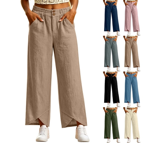 HomeDM Wide Leg Capri Pants for Women Casual Loose High Waisted with Pockets Khaki Athletic Work Trousers Size L