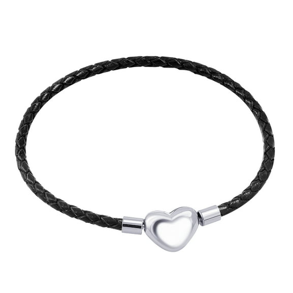 555Jewelry Stainless Steel Heart Charm Braided Leather Black Bracelet for Women, Silver Heart, 6.5 Inch