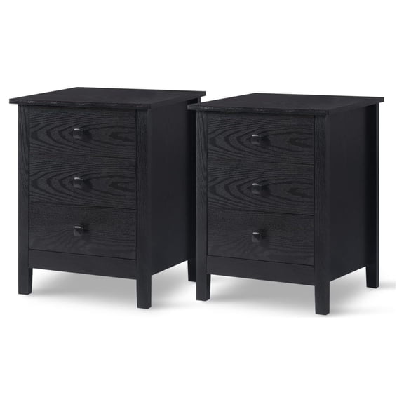 Set of 2 Nightstands for Bedroom - Wood Nightstand Set with Drawers, Bedside Table (Black, 3-Drawer)