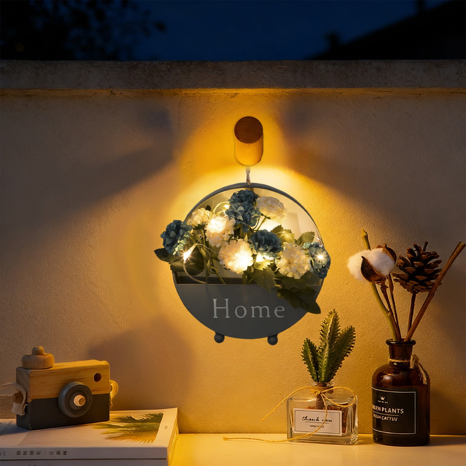 Artificial Flower Wall Decor with LED Lights Metal Hanging Planter with Home Sign Wall Art for Bathroom Bedroom Living Room Kitchen