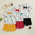 thumbnail image 6 of Douhoow Toddler Boys Lapel Neck Button Down Dinosaur Print Bowtie Shirt + Elastic Waist Shorts 2 Piece Baby Summer Outfits, 6 of 6