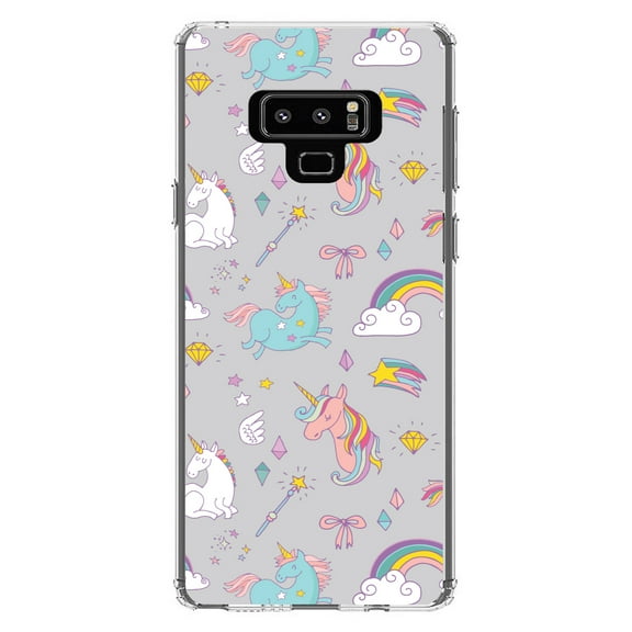 DistinctInk Clear Shockproof Hybrid Case for Samsung Galaxy Note 9 - TPU Bumper, Acrylic Back, Tempered Glass Screen Protector - Unicorn Rainbow Wand Pattern - Grey