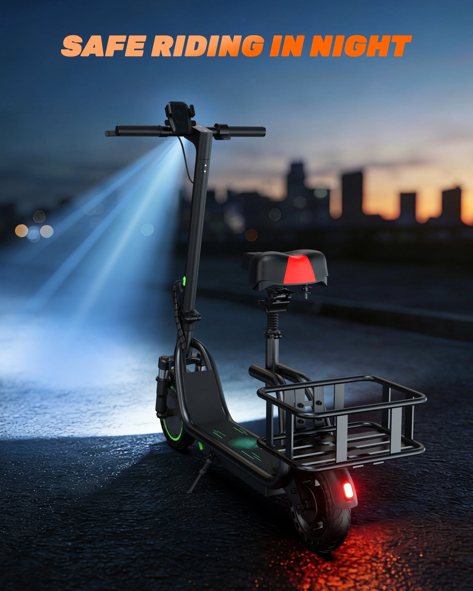 Electric Scooter with Seat for Adults, Foldable Commuter E Scooter with APP Control, Rear Basket, Front Suspension, 15 Miles Range, 19MPH, UL2272 Certified