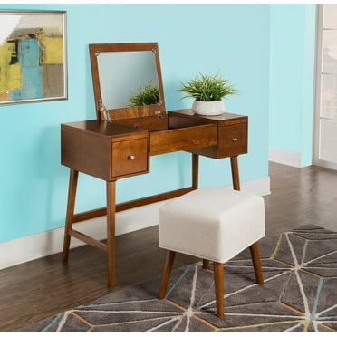 Linon Farrah 2-Piece Vanity Set, Includes Vanity with Flip-Top Mirror, and Bench, Walnut Finish