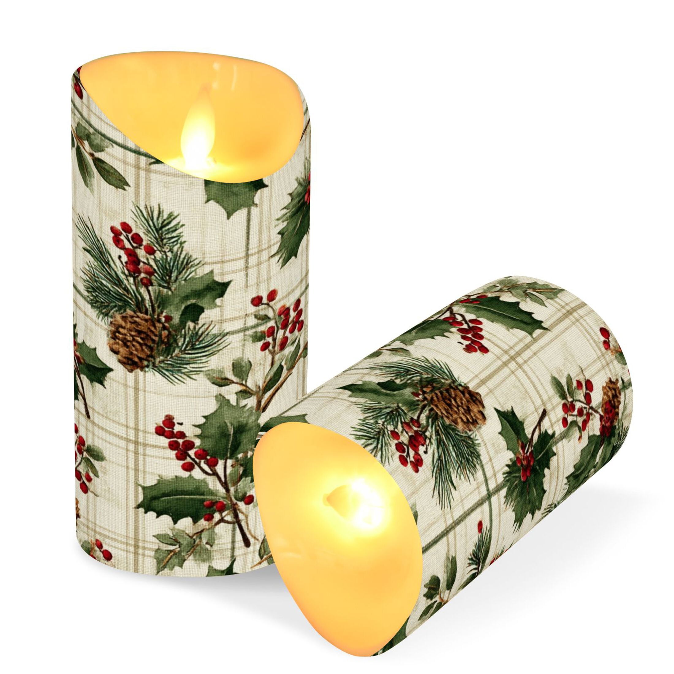 2 PCS Tilted Flameless Candles Flickering LED Lights Battery Operated Candles with Remote Timers for Holiday Decor Pine Boughs and Holly Pattern