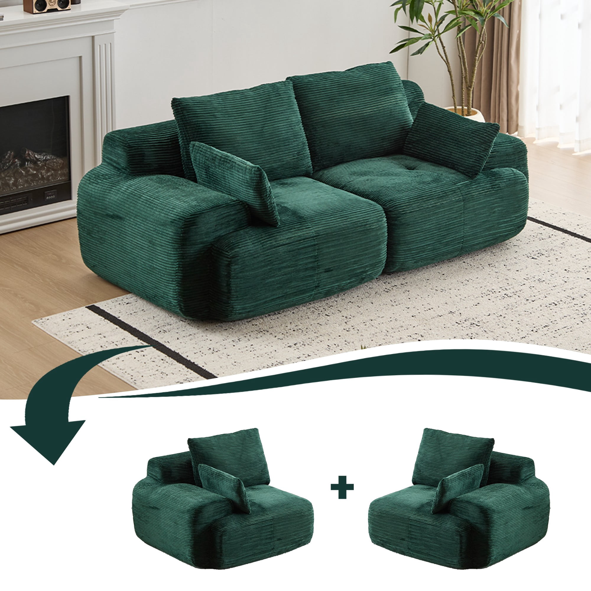 Leumius Modern Compressed Sofa,2 Seater Memory Foam Sofa Couch,Corduroy Extra Deep Loveseat Sofa for Living Room,Green