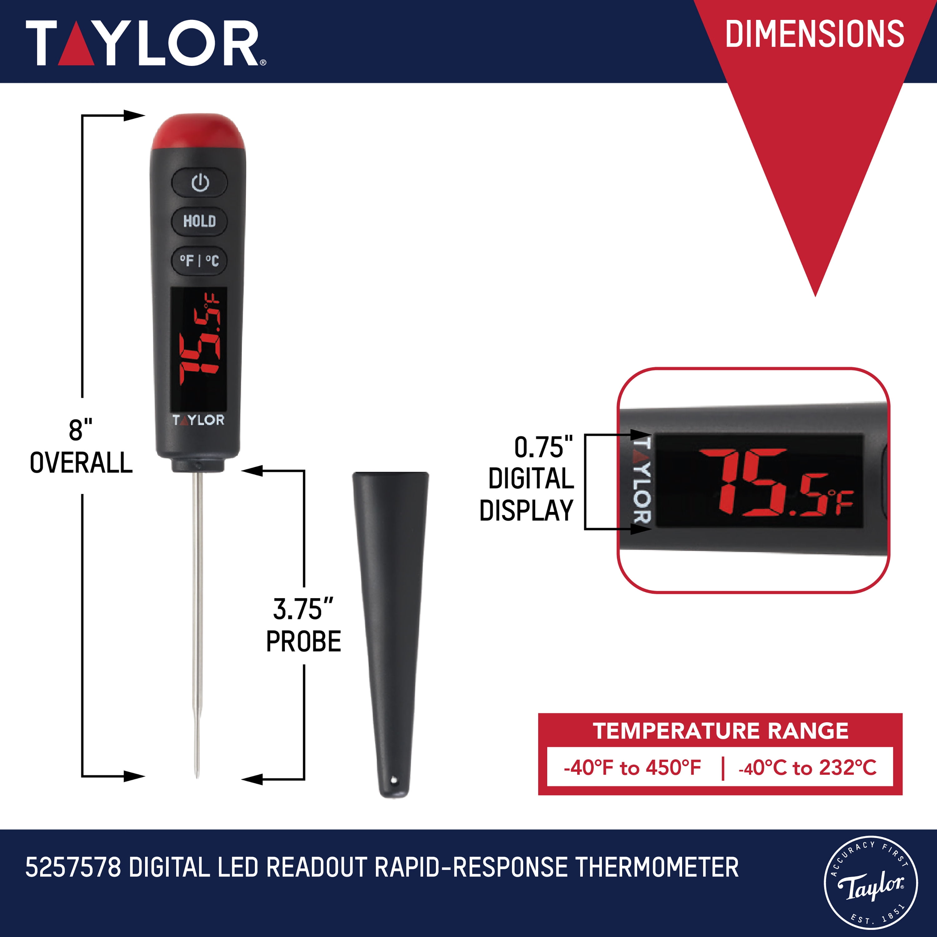 Taylor 3519FDA Digital Thermometer w/ Auto Off, Battery Included, LCD Readout, Black