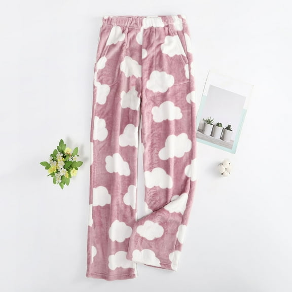 Fleece Pajama Womens Soft Flannel Cute Graphic Comfy Pants Fuzzy Wide Leg Lounge Sleepwear Casual Sweatpants with Pockets (M, Pink)