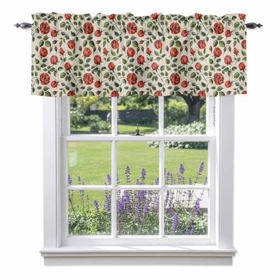 Valentine's Day Valances for Windows, Vintage Watercolor Spring Red Roses Floral Linen Texture Valance Window Treatment Rod Pocket Short Curtains Valances for Kitchen Bathroom 60"W x 18"L