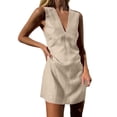 thumbnail image 1 of Vestido sin mangas de lino con cuello en V para mujer - Corte ajustado, color liso, falda chaleco de verano - S-XXL, 1 of 4