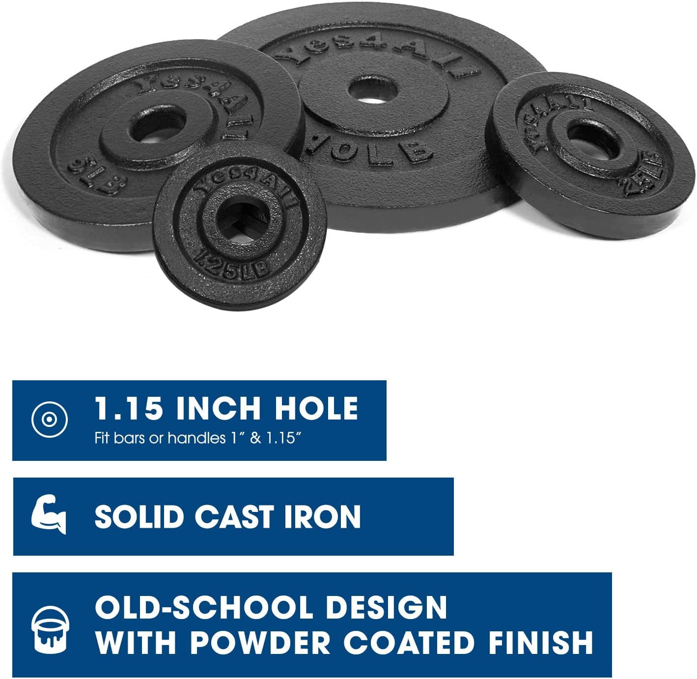 Yes4All 1.15 inch Cast Iron Weight Plates Set for Dumbbells, Standard Dumbbell Plates Set (1.25 + 2.5 + 5 + 10) lbs - Pair