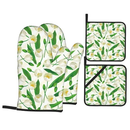 

Oven Mitts and Pot Holders 4 pcs Set Tulips Flowers Leaves Heat Resistant Silicone Oven Mitts Pot Holders for Kitchen Baking Cooking Non-Slip Oven Gloves Hot Pads Potholders