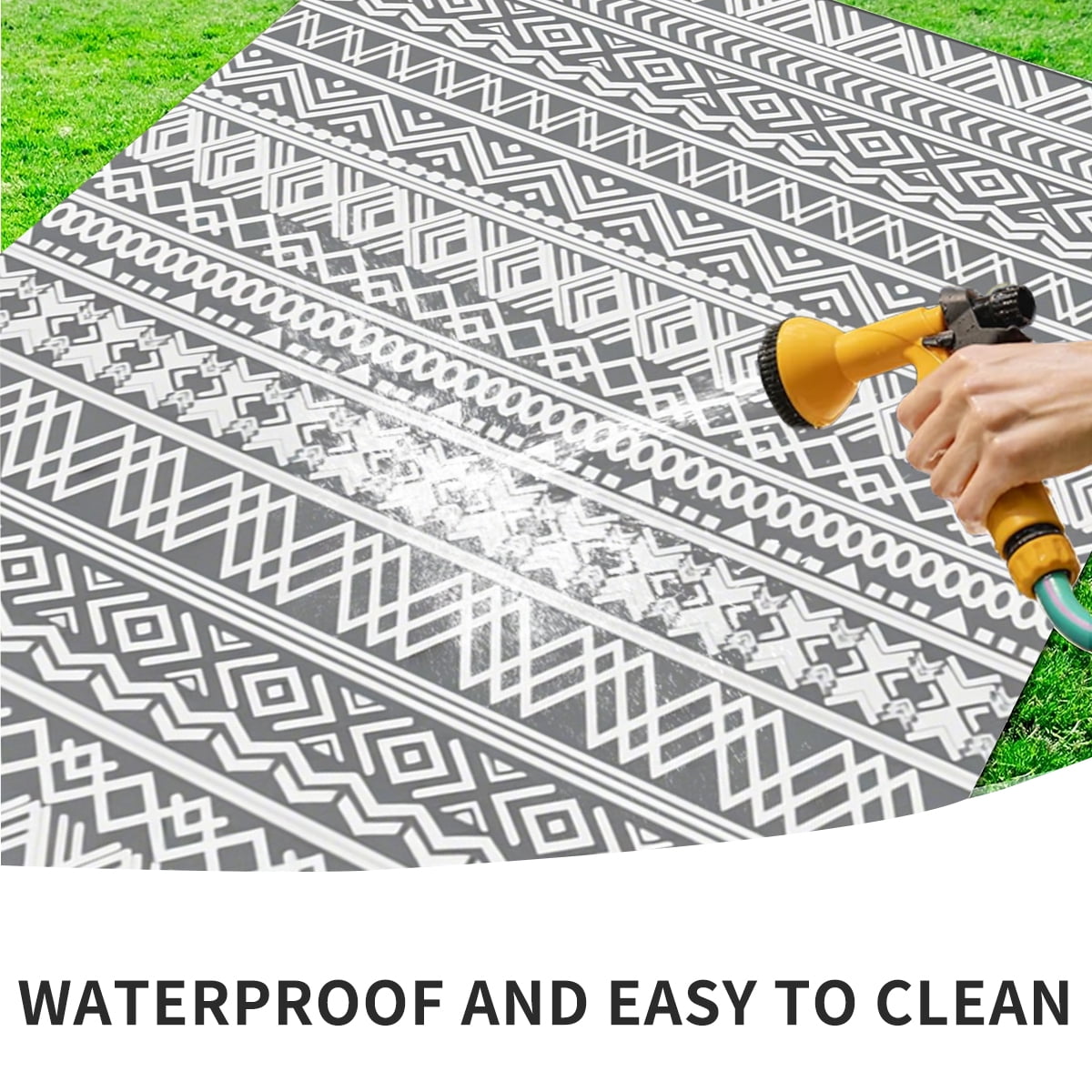 Kzaei Waterproof Outdoor Rug, 9'x12' Reversible Plastic Camping Area Rugs, Gray & White