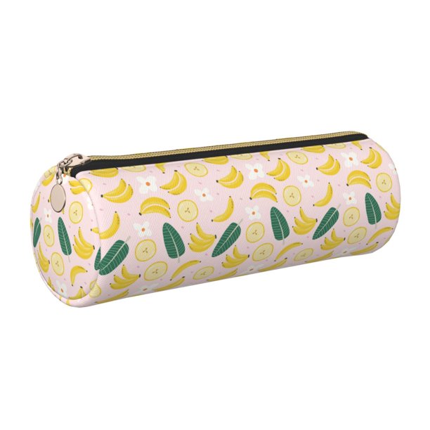 Easygdp Banana With Leaves para Estuche de Lápices Cilíndrico de Cuero con Cremallera, Organizador de Lápices de Cuero para Escuela, Oficina y Viajes