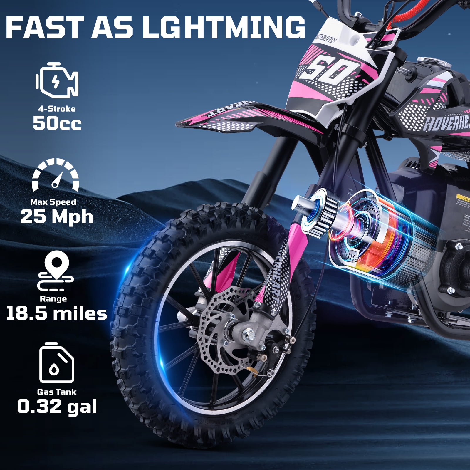 50CC 4-Stroke Dirt Bike for Adults & Teens & Kids,Professional Dirt Bike with Dual Disc Brakes,Double suspension and Anti-slip Off-Road Tires, Gas Dirt Bike Max Load 180 lbs,Pink