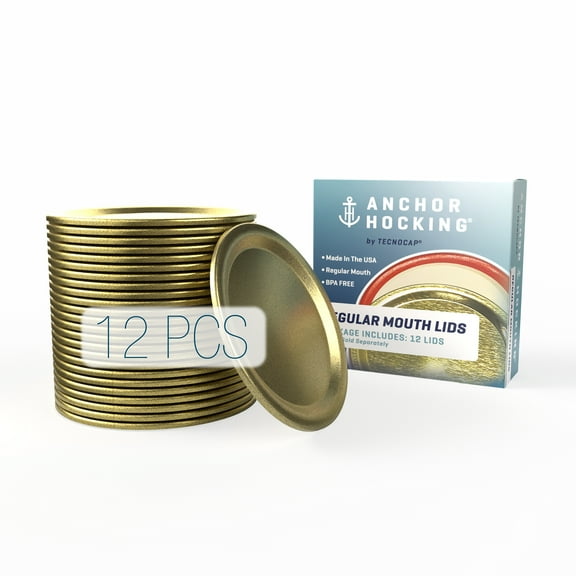 12 Regular Mouth Lids, Gold Color, Red Plastisol