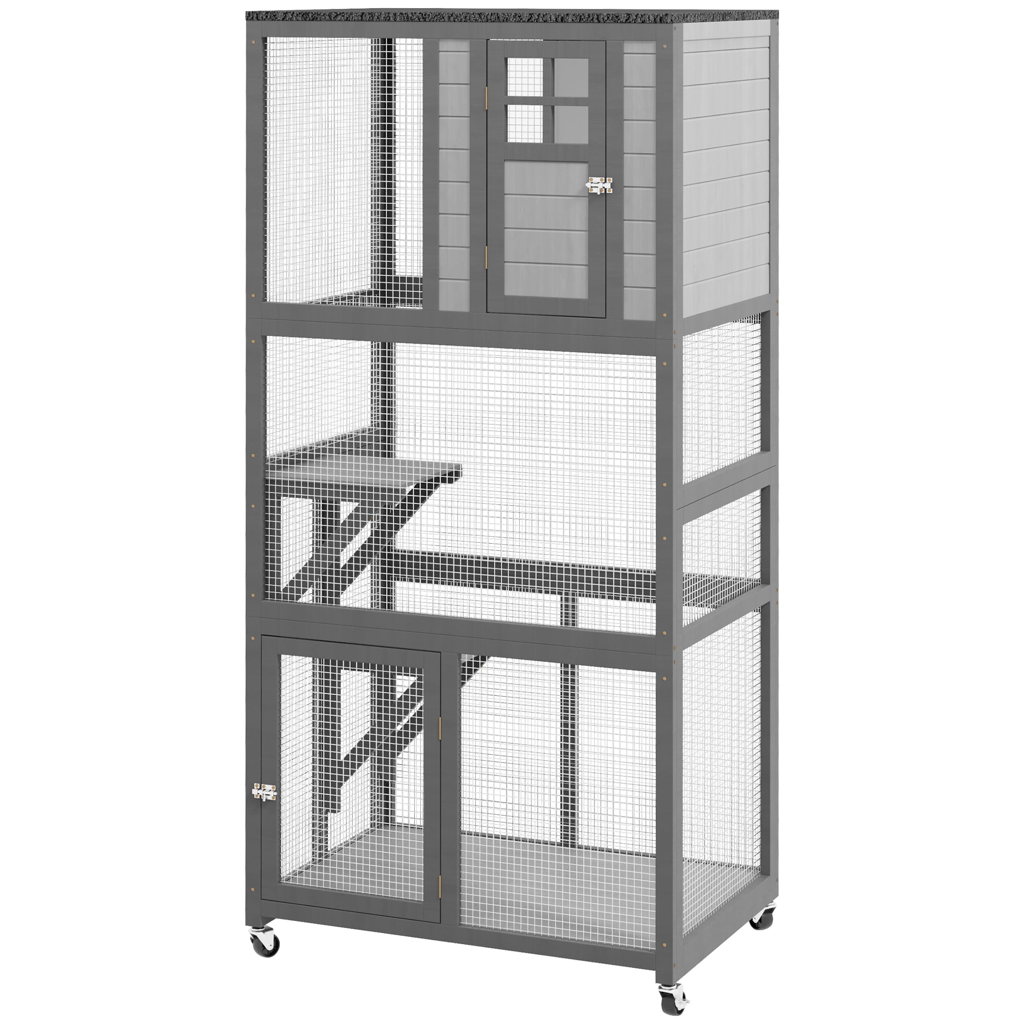 74" Wooden Catio Outdoor Cat House Weatherproof & Wheeled, Outside Cat Enclosure with High Weight Capacity, Kitten Cage Condo, Light Gray