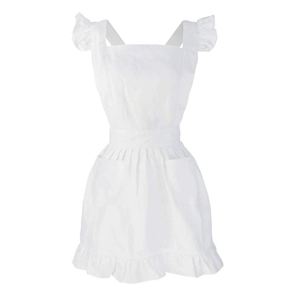 YIEMEEN Womens Girls Ruffles Outline Retro White Apron Adjustable Victorian Bib Maid Cosplay Kitchen Cake Baking Cooking Cleaning Costume with Pockets