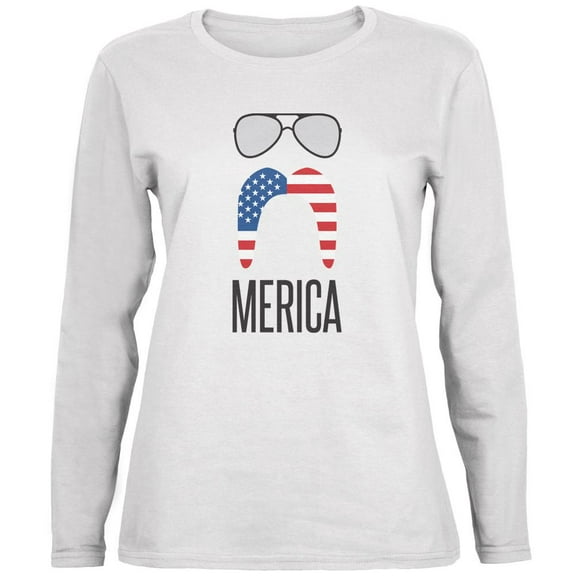4th of July Merica Sunglasses and Mustache White Womens Long Sleeve T-Shirt - X-Large