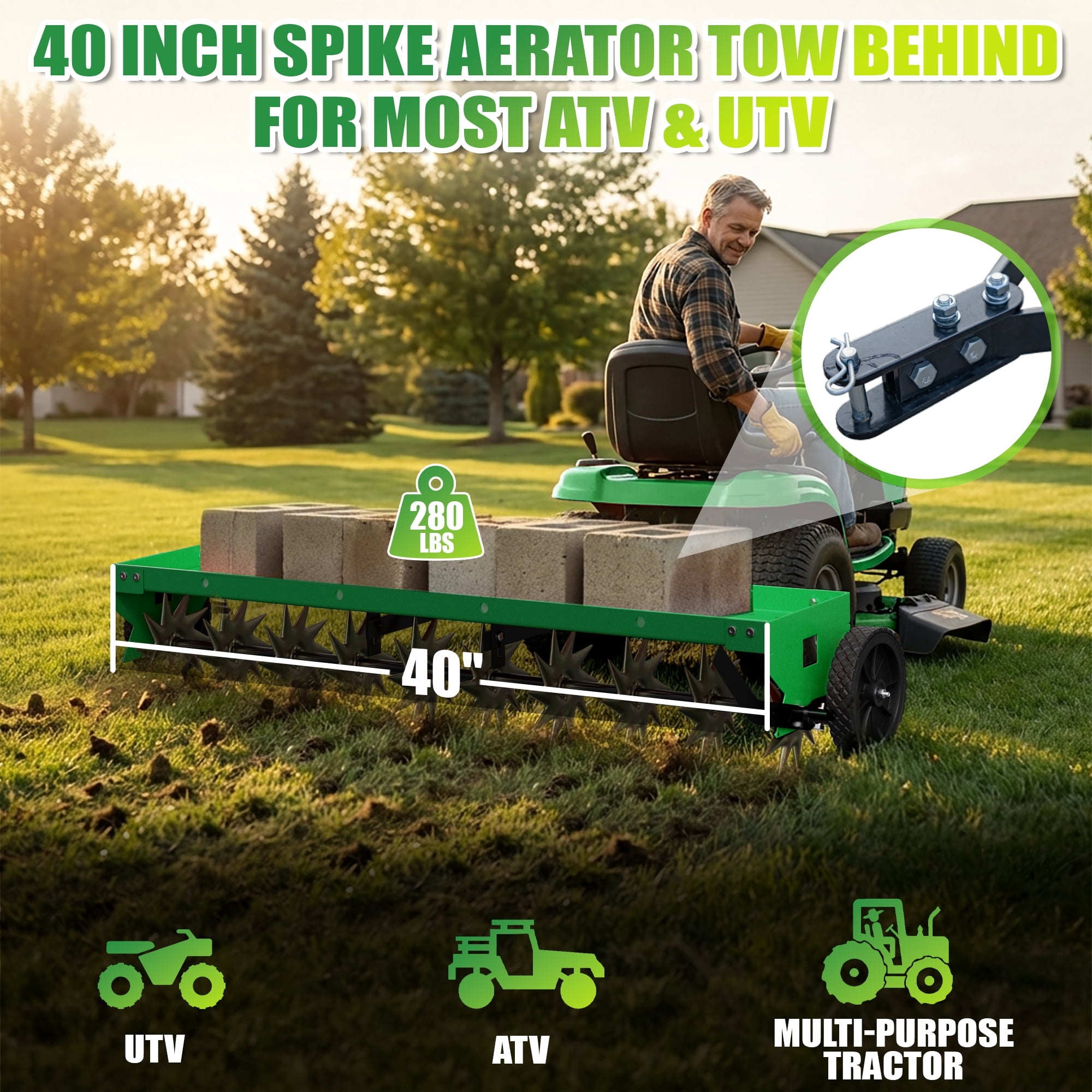 40" Spike Aerator Tow Behind Lawn Aerator Tow Behind w/Universal Hich for Garden,Green