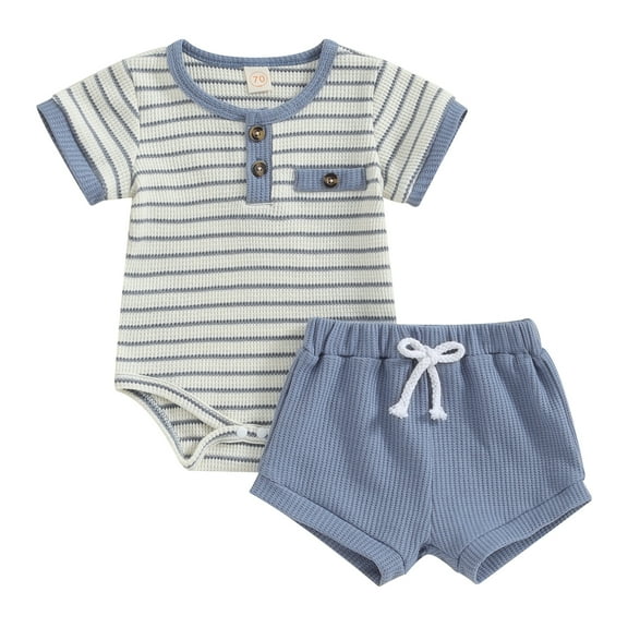 Hirigin Newborn Baby Boy Summer Clothes Set Stripe Button Short Sleeve Romper Bodysuit Shorts Set 0 3 6 12 18 Months Soft Waffle Outfit