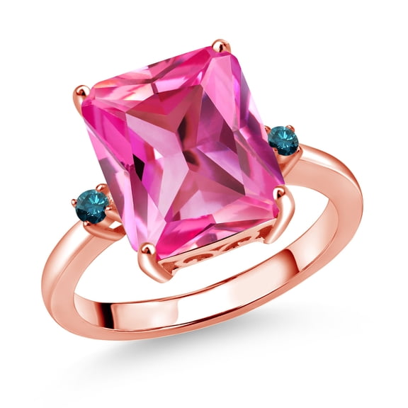 Gem Stone King 18K Rose Gold Plated Silver 12X10MM Pink Created Sapphire and 2MM Blue Diamond 3 Stone Engagement Ring for Women | 6.67 Cttw | Gemstone September Birthstone | Size 5