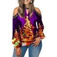 thumbnail image 4 of Camisetas de manga larga para mujer, ropa informal con cuello redondo y hombros descubiertos, con estampado navideño de empalme, novedad, gran oferta, otoño, 4 of 4