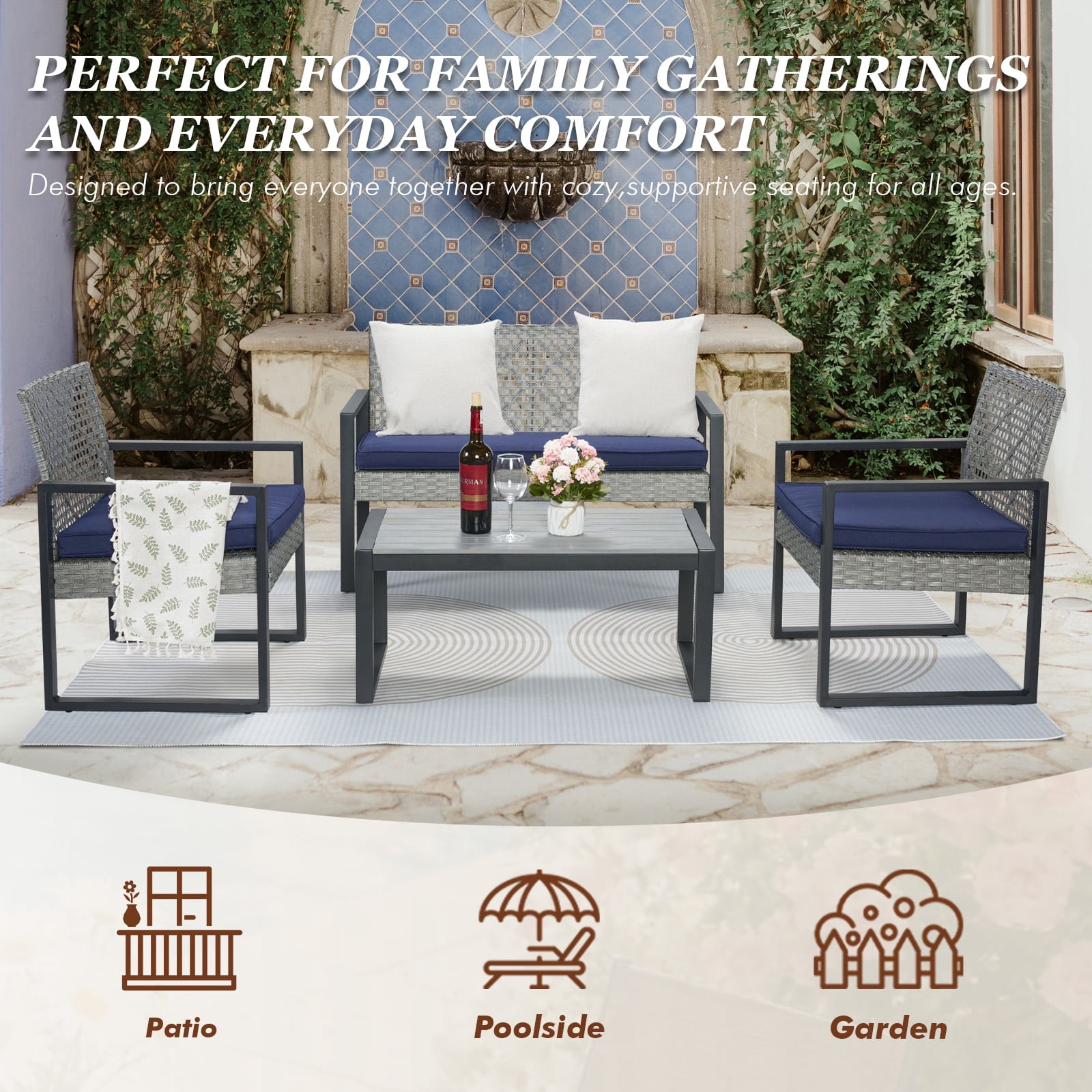 MOONMISS 4-Piece Wicker Outdoor Garden Furniture Corner Sofa Set With Cushions-Light Gray