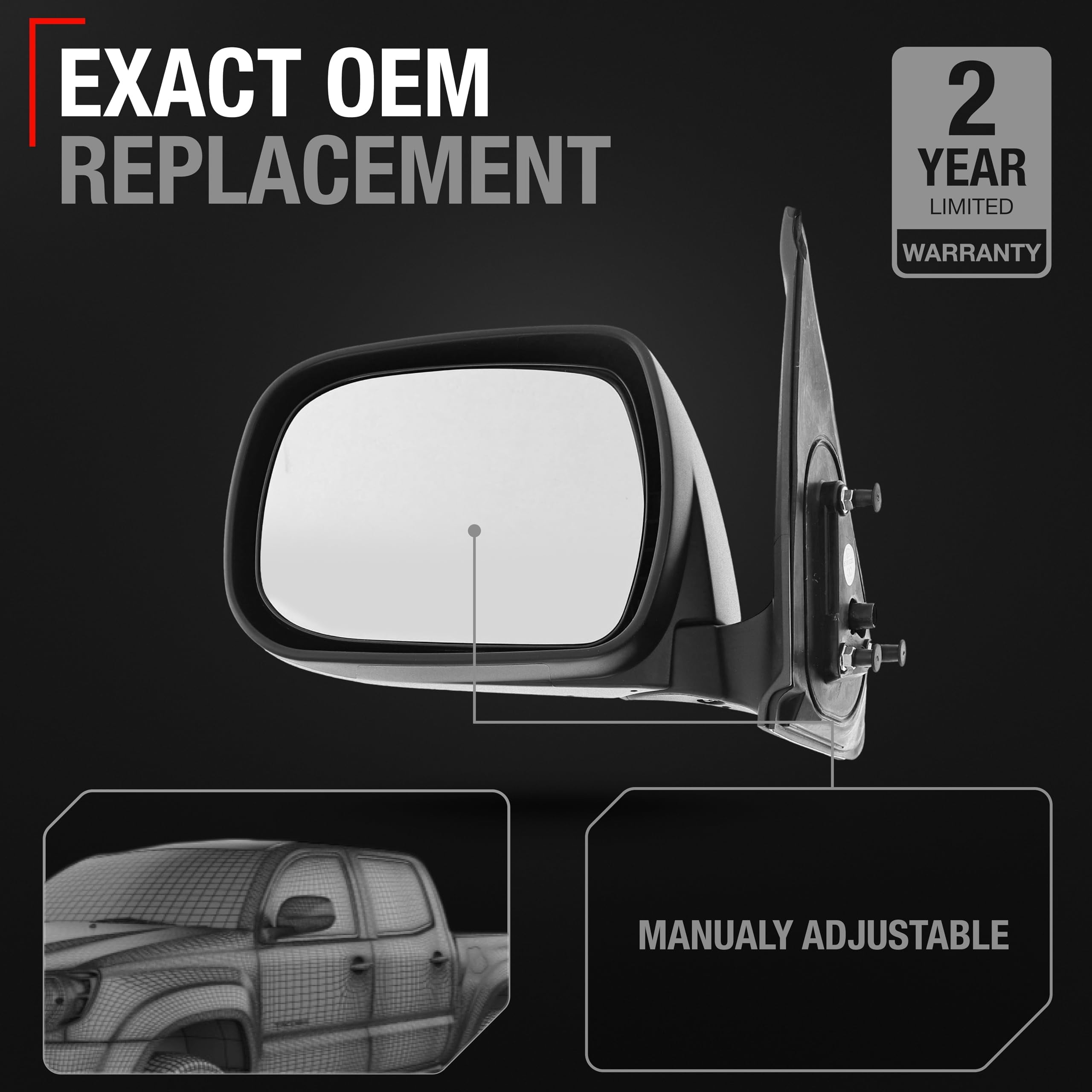 Driver Side Mirror Replacement - Compatible with 2005-2011 Toyota Tacoma - Manual Adjustment, Manual Folding, Flat Glass with English Warning - Textured Black - OEM 8794004170, TO1320204