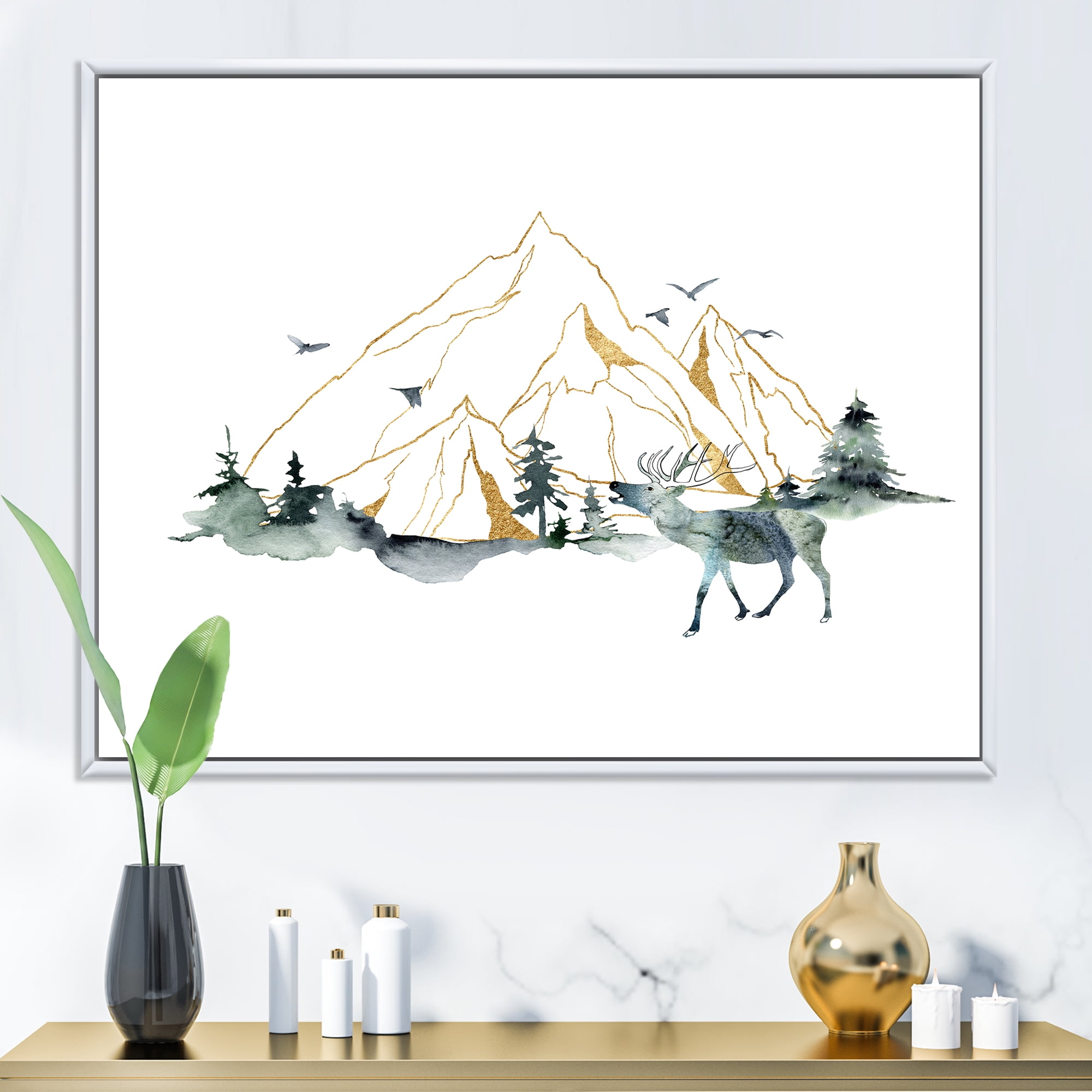 Minimalistic Landscape of Forest Deer and Mountains 40 in x 30 in Framed Painting Canvas Art Print, by Designart