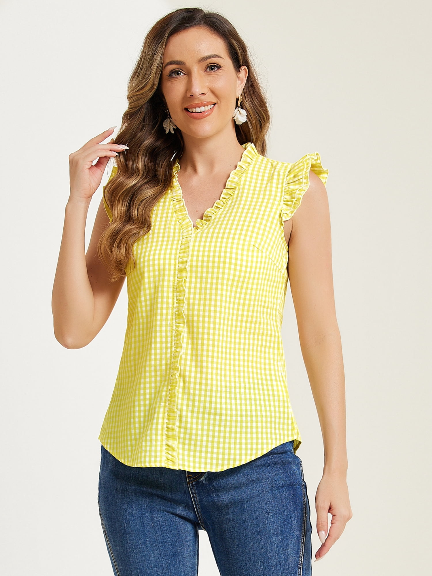 DARING DIVA Women's Cap Sleeve Plaid Gingham Ruffle Blouse XL Yellow