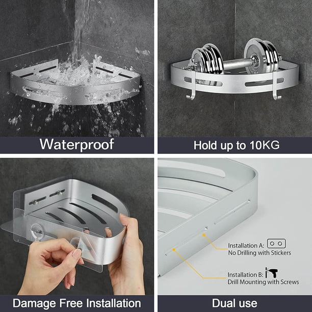 Étagère De Douche Angle Sans Perçage Gricol - Support Métal Avec Crochets Argent