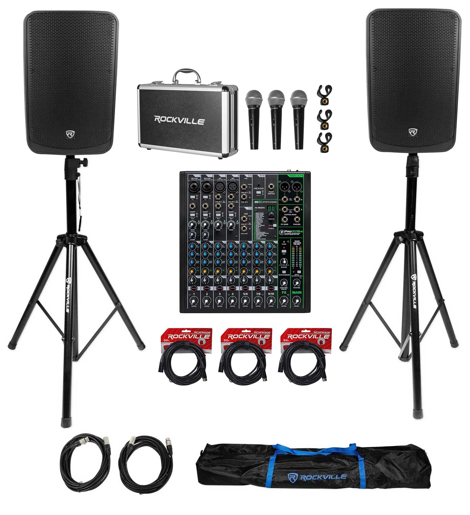 (2) Rockville TITAN 15 15" 2000w DJ PA Speakers/Bluetooth+Mackie Mixer+
