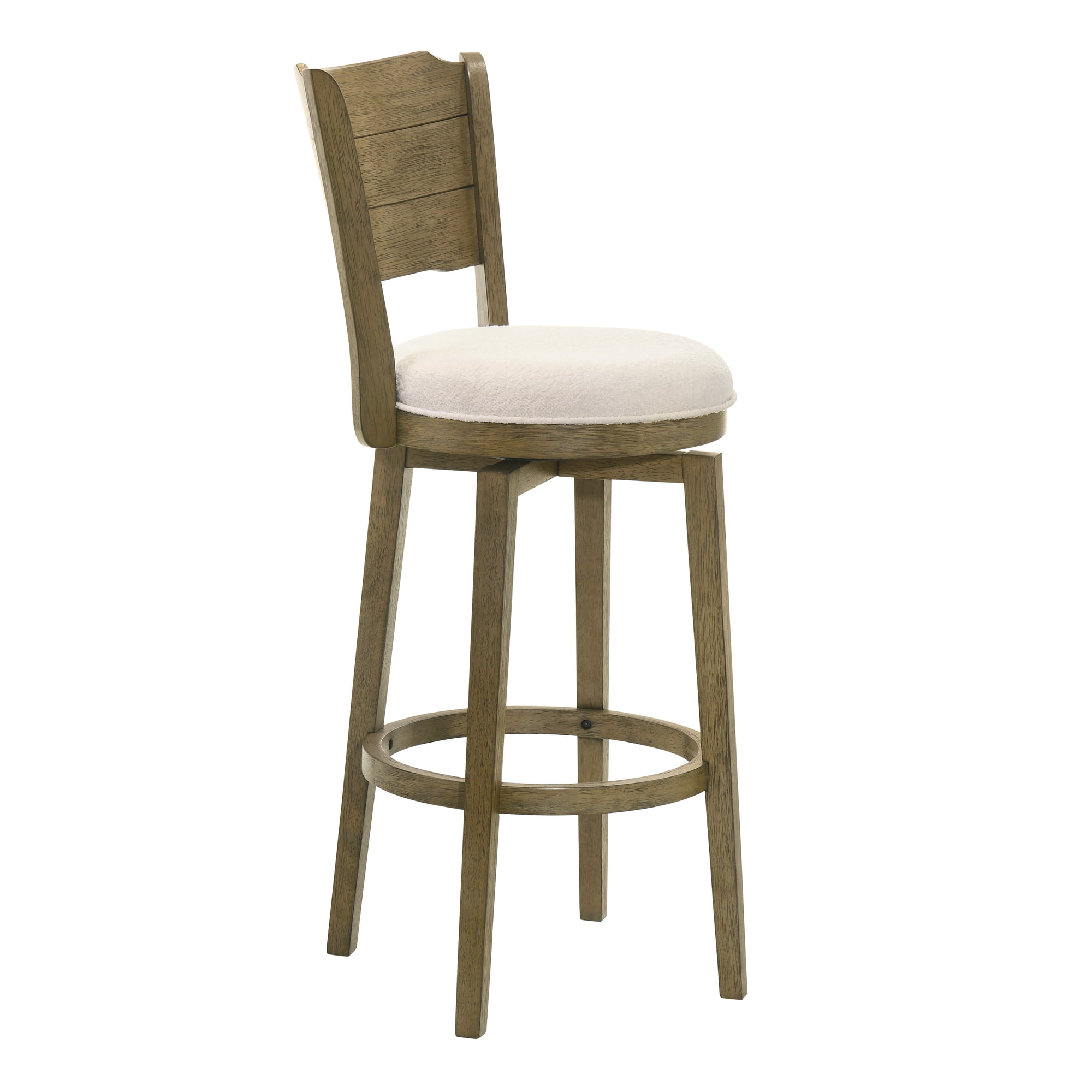 Winsley Coastal Modern Swivel Wood Bar Height Kitchen Bar Stool in Putty Brown Finish with White Boucle Fabric Upholstered Seat - Set of 4