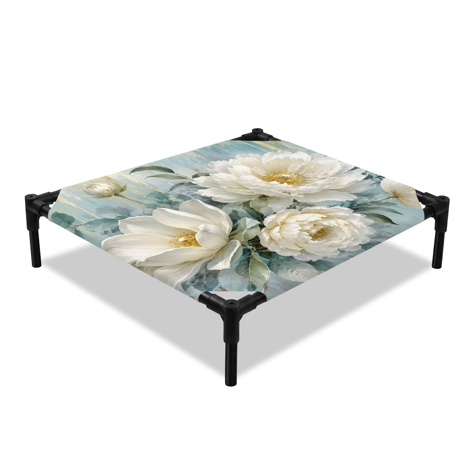 White Peony Elevated Dog Bed Modern Minimalist Country Pastoral Flowers Teal Leaf Cooling Breathable Outdoor Raised Dog Cot Bed with Metal Frame Non-Slip Feet for Small Dog 20x20in
