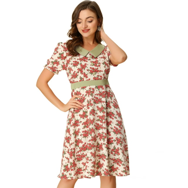 Unique Bargains Robe Florale V Cou Manches Courtes Contraste Couleur Été Mini Robes Begie S