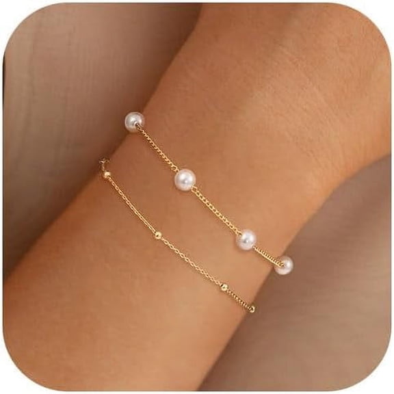 14k Gold Plated Pearl Bracelets for Women,Dainty Bracelets Stack Pearls Beaded Link Chain Charm Bracelets Set Layered Non Tarnish Tiny Jewelry for Women