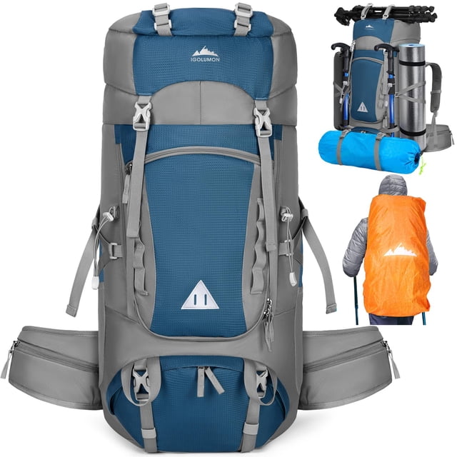 Mochila de Senderismo IGOLUMON 60L Impermeable para Camping Azul