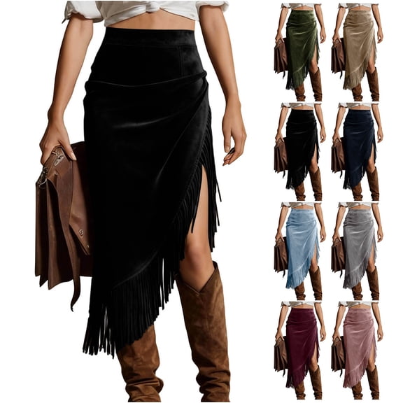 Purcolt Fringe Skirts for Women - High Waisted Asymmetrical Slit Suede Midi Skirt Western Tassel Dress Cowgirl Outfits