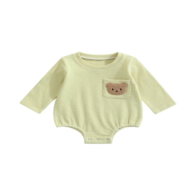 Barboteuse d'Automne pour Bébés Filles Garçons, Col Brodé d'Ours, Manches Courtes, Combinaison à Boutons-Pression