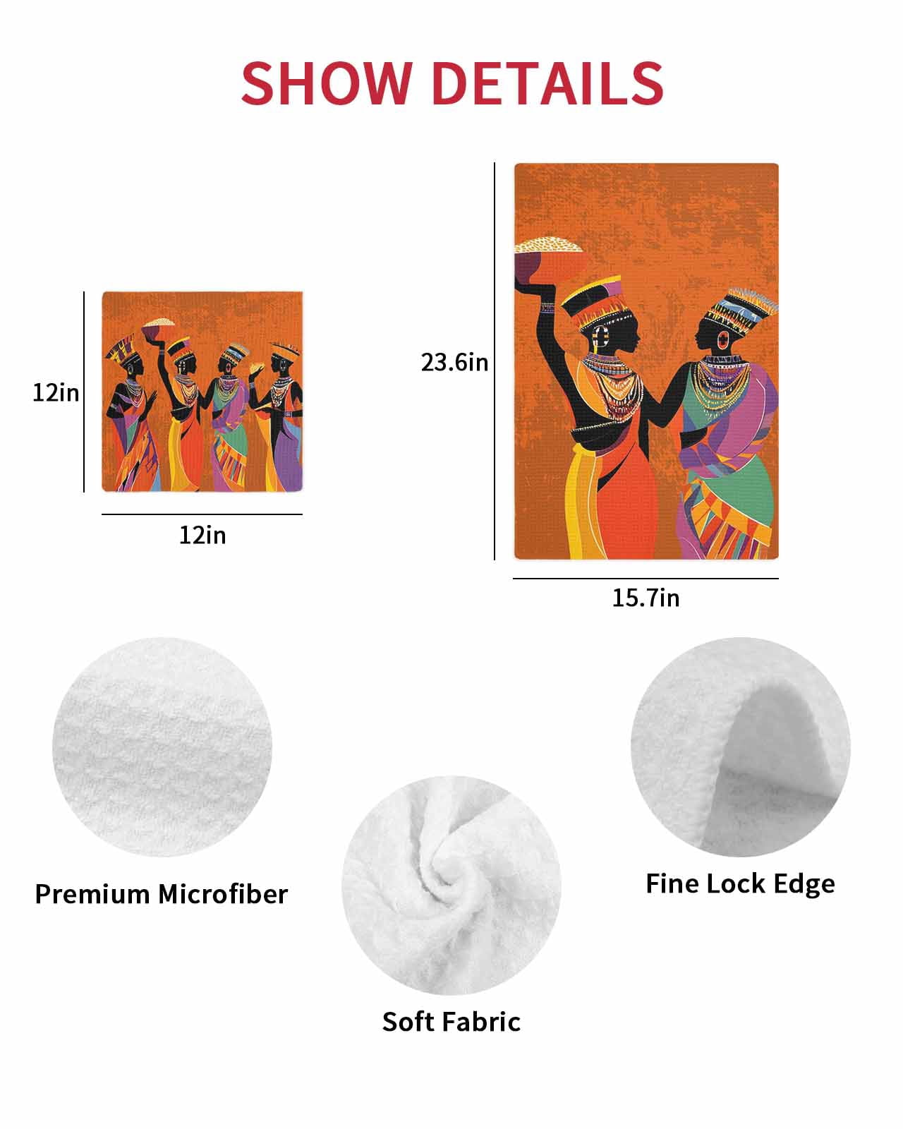 Black Orange Girls Boho Hand Towels Set, Waffle Weave Kitchen Towels 4 Pieces, Retro Ethnic Abstract Art Microfiber Hair Face Bath Tea Towel Absorbent Quick Drying Cleaning Dish Cloths 15.7"x23.6"