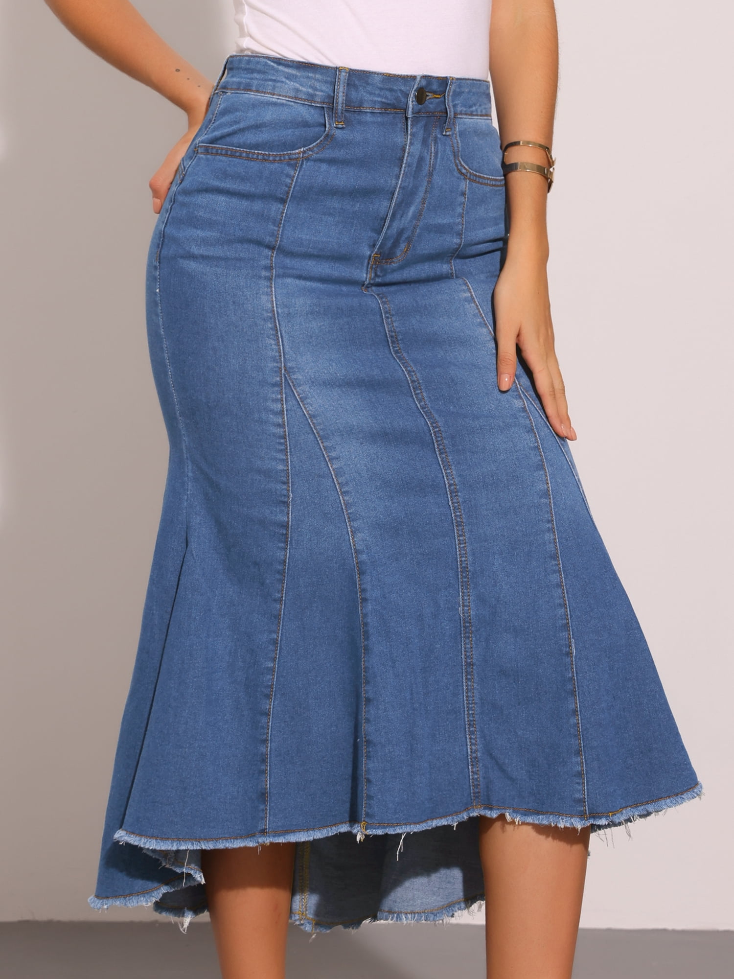 DARING DIVA Women's Raw Hem Fishtail Midi Skirt with Pockets XS Medium Blue