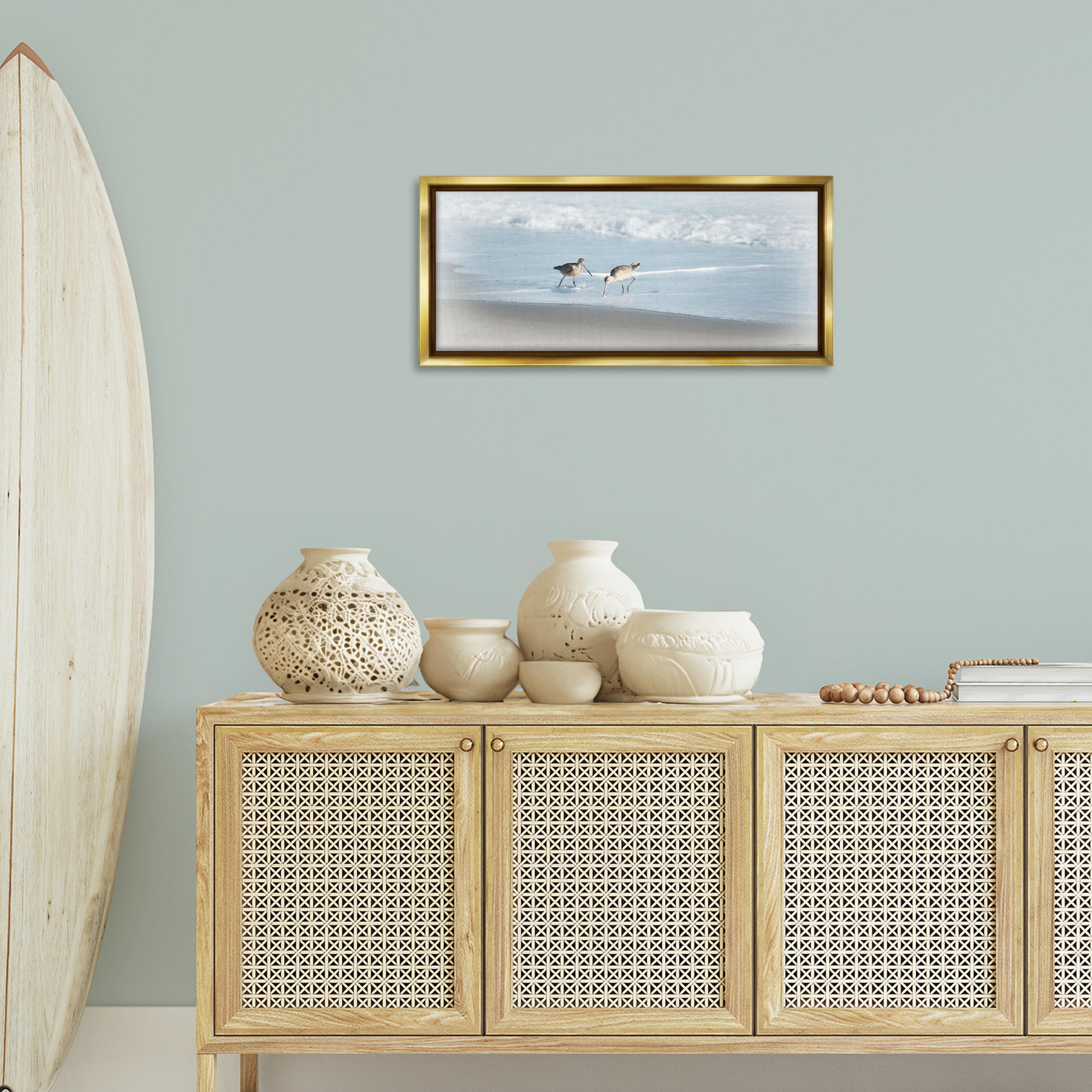 Stupell Industries Sandpiper Pair on Shore Nautical & Beach Painting Gold Floater Framed Canvas Art Print Wall Art, 31 x 14